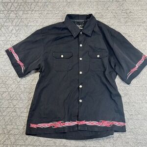 Chrome Eagle Men Black Short Sleeve Button‎ Up Shirt Flame Graphic XL